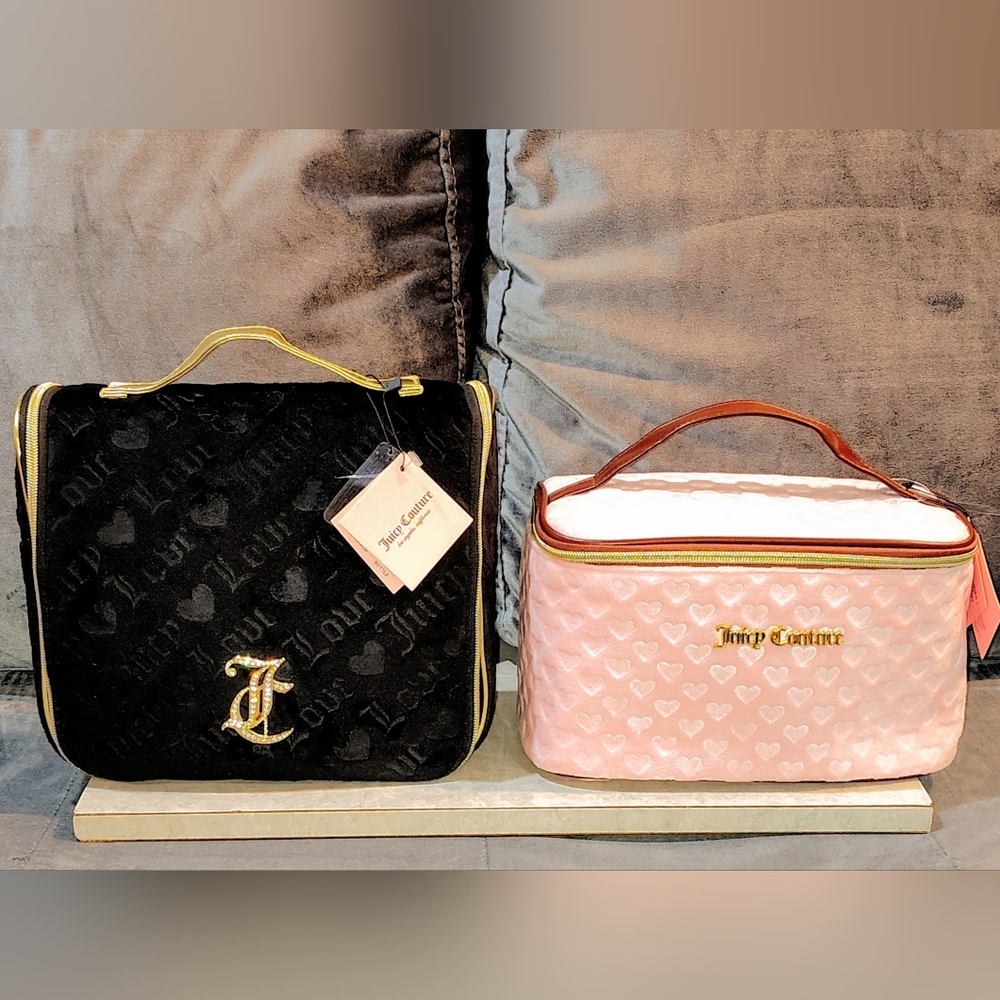 NWT JUICY COUTURE PINK TRAVEL COSMETIC BAG & BLACK HANGING TOILETRY BAG BUNDLE
